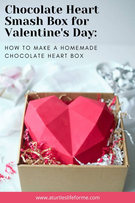 This Valentine’s Heart Smash Box makes an easy, beautiful gift for friends, family, and loved ones! Step-by-step instructions for how to make an edible chocolate heart box. Chocolate Molds Recipe, Smash Chocolate, Nut Free Candy, Smash Heart, Smash Box, Breakable Heart, Crisco Recipes, Heart Gift Box, Pinata Cake