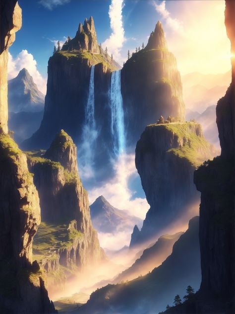 High Mountains, Nature Mushroom Mountain, Mountain Waterfall, Big Mountain, Mountain Peak, Mountain Lake, Mountain Range, Beautiful Backgrounds, The Mountain, Digital Illustration