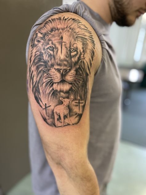 lion of Judah & lamb of God half sleeve tattoo God Half Sleeve Tattoo, Lion And The Lamb Tattoo, Lion And Lamb Tattoo, Lion Of Judah Tattoo, Lamb Tattoo, Lion Lamb, Lion Of Judah Jesus, Tattoos Arm, Men Tattoos Arm Sleeve