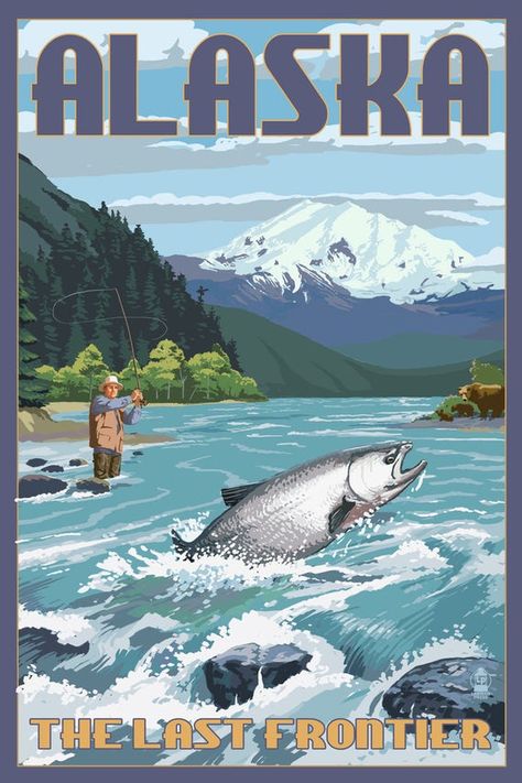 Alaska Salmon, Alaska The Last Frontier, Campbell River, Retro Travel Poster, Images Vintage, Art Themes, Travel Posters, Graphic Art Print, Vintage Posters