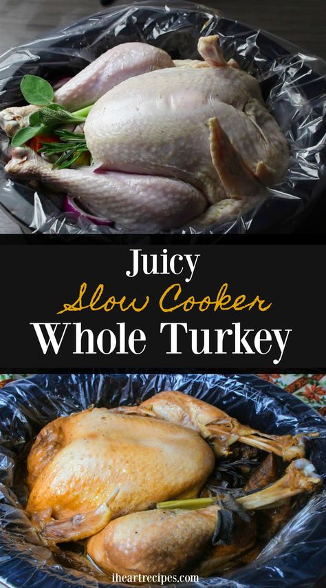 A juicy whole turkey recipe made completely in the slow cooker! No basting, no brining. Use this recipe, and you will have the juiciest turkey EVER! When I was younger my mom always slow cooked her Thanksgiving Turkey. She would prepare the turkey the day before Thanksgiving, and then she would slow cook the whole turkey in the oven overnight. Yup, overnight. She's actually wake up, a couple times to baste the turkey. I'm sorry, but I seriously ain't got time to wake up to baste a... Turkey Slow Cooker, Slow Cooker Whole Turkey, Turkey Crockpot Recipes, Whole Turkey Recipes, Easy Turkey Recipes, I Heart Recipes, Juicy Turkey, Heart Recipes, Crockpot Turkey