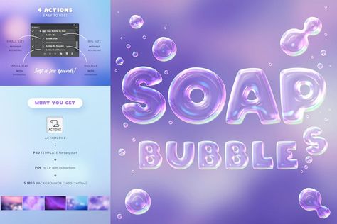 Soap Bubbles Photoshop Action - Design Template Place Fonts Bubble, Bubble Letter Fonts, Font Bubble, Bubble Font, Illustrator Design Tutorial, Bubble Design, Photoshop Design Ideas, Graphic Design Lessons, Soap Bubbles