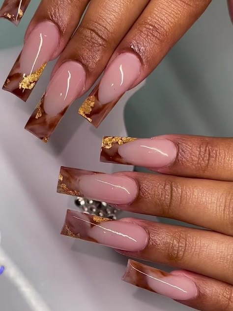 Brown Nails Marble, French Tip Nails Brown, Press On Nails French Tip, Nails With Pink, Press On Nails French, Gold Manicure, Nails Marble, Brown Acrylic Nails, Gold Acrylic Nails