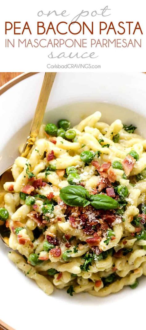 One Pot Pea and Bacon Pasta in Mascarpone Parmesan Sauce - Carlsbad Cravings Mascarpone Recipes Dinner Pasta, Bacon Pasta Recipes, Pasta With Bacon, Gf Pasta, Mascarpone Recipes, Carlsbad Cravings, Best Thanksgiving Recipes, Easter Dinner Recipes, Bacon Pasta