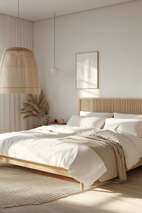 Style your bedroom with minimalist Scandinavian decor for a serene and functional retreat. #ScandiBedroom #MinimalistStyle #CalmInteriors Minimalist Nordic Bedroom, Scandinavian Farmhouse Style Bedroom, Natural Minimalist Bedroom, Cozy Bedroom Minimalist, Modern Bedroom White, Scandi Bedroom Ideas, Nordic Interior Scandinavian, Serene Bedroom Ideas, Scandanavian Interiors Bedroom