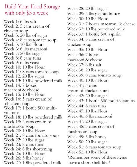 Food Storage/Year Supply for under 5 bucks a week! Tells you exactly what to buy each week! I don't love all the food choices, but if $5 a week is what you've got, this is better than nothing! Food Storage List, Lds Food Storage, Preppers Pantry, Emergency Preparedness Food, Emergency Prepardness, Emergency Food Storage, Emergency Food Supply, Emergency Preparedness Kit, Emergency Preparation