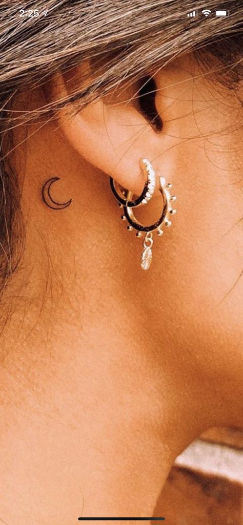 Neck Moon Tattoos Women, Moon And Sun Ear Tattoo, Half Moon Tattoo Behind Ear, Sun Tatoos Behind The Ear, Sailor Moon Moon Tattoo, Small Moon Tattoo Behind Ear, Sun Tattoo Behind The Ear, Saturn Tattoo Behind Ear, Moon And Stars Tattoo Behind Ear