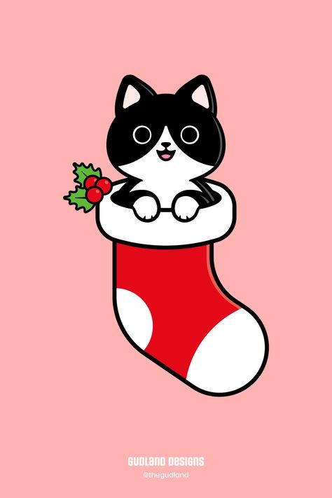 Cat Christmas Drawing, Christmas Cat Drawing, Kawaii Black And White, Cute Tuxedo, Xmas Cat, Easy Christmas Drawings, Tuxedo Kitten, Merry Christmas Cat, Black And White Tuxedo