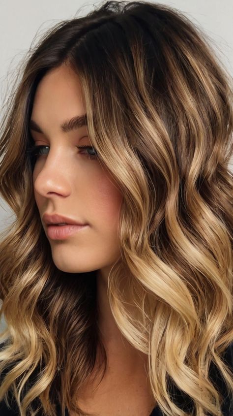 Dark Brown Hair with Blonde Ideas Blonde Highlights Underneath, Brunette With Blonde, Dark Brown Hair With Blonde, Blonde Balayage Honey, Blonde Peekaboo Highlights, Hairstyles For Shoulder Length, Shoulder Length Wavy Hair, Blonde Ideas, Brown Hair With Blonde