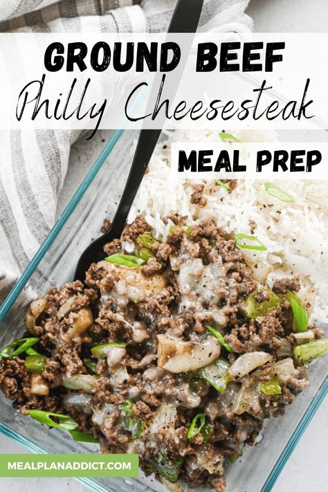 This ground beef spin on Philly Cheesesteak is a quick and limited ingredient dish that will have you ditching the traditional style Philly Cheesesteak sandwich this week, and make this super quick and simple version for dinner or your lunch meal preps this week! Cheesesteak Meal Prep, Ground Beef Philly, Cheesesteak Sandwich, Cheesesteak Recipe, Healthy Ground Beef, Prep Meals, Healthy Lunch Meal Prep, Dinner Meal Prep, Easy Healthy Meal Prep