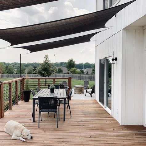 Porch Awning Ideas Shade Sails, Backyard Patio Sail Shade, Back Patio Sunshade Ideas, Sun Sail Shade Ideas Small Patio, Deck With Sail Shade, Shade Sail Over Patio, Shade Sail Installation Deck, Sail Awnings Outdoor Spaces, Canopy On Deck Patio