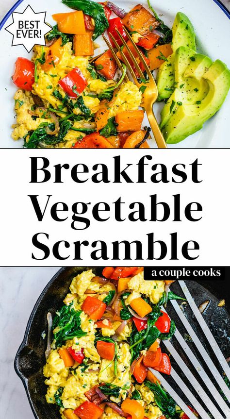 Want to eat more veggies? Make this breakfast vegetables scramble! It's got lots of colorful veggies to start the day right...with a plant based / vegan option. #breakfastvegetables #vegetablesforbreakfast #vegetablescramble #breakfastrecipe #healthybreakfast Roasted Vegetables Breakfast, Breakfast Veggie Scramble, Incorporating Veggies In Breakfast, Breakfast Vegetables Side Dishes, Healthy Vegetable Breakfast, Is Tofu Healthy, Nutritionist Recipes, Veggie Egg Scramble, Veggie Scramble