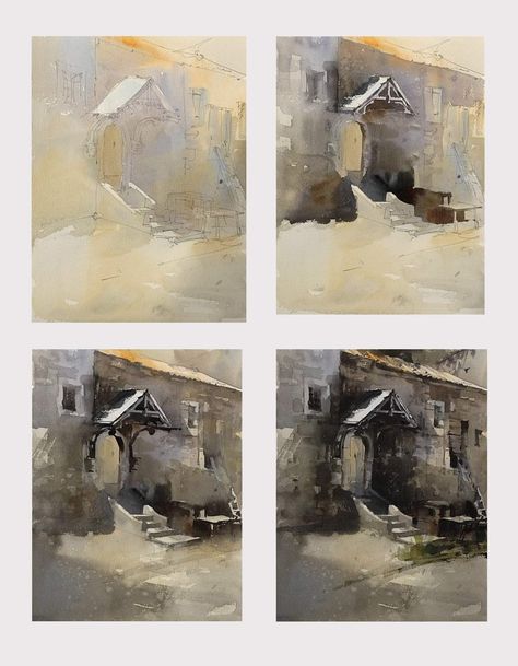 Vladislav Yeliseyev Watercolor, Vladislav Yeliseyev, Watercolour Reference, Watercolor Composition, Thumbnail Sketches, Art Tutorials Watercolor, Watercolour Landscape, Watercolor Architecture, Architecture Sketchbook