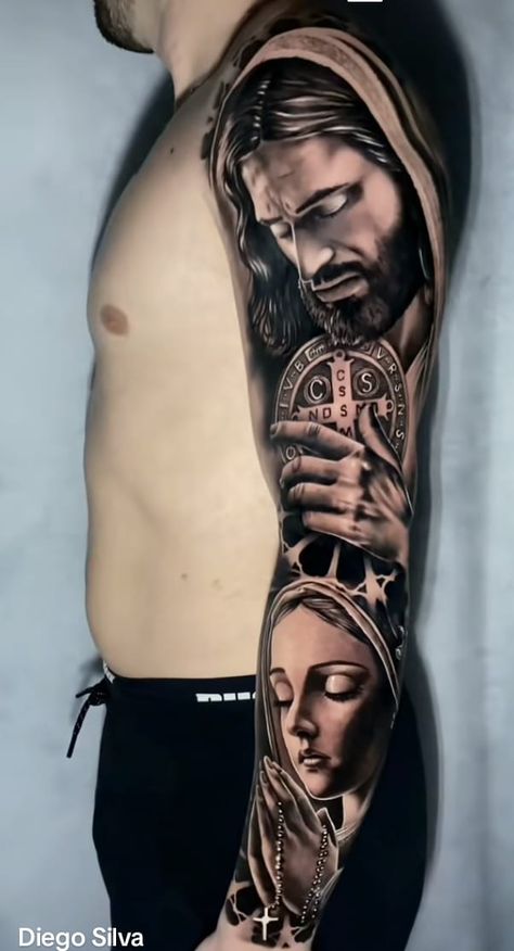 Jesus 3d Tattoo, Painless Tattoo, Christian Sleeve Tattoo, Cross Tattoo For Men, Jesus Tattoo, Half Sleeve Tattoos For Guys, Cross Tattoo, Half Sleeve Tattoo, New Tattoos