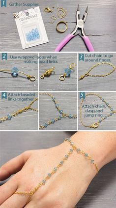 Hand Chain Jewelry, Wire Jewelry Designs, Diy Bracelet Designs, Diy Bracelets Patterns, Swarovski Beads, Handmade Jewelry Tutorials, Craft Jewelry, Diy Wire Jewelry, Homemade Jewelry