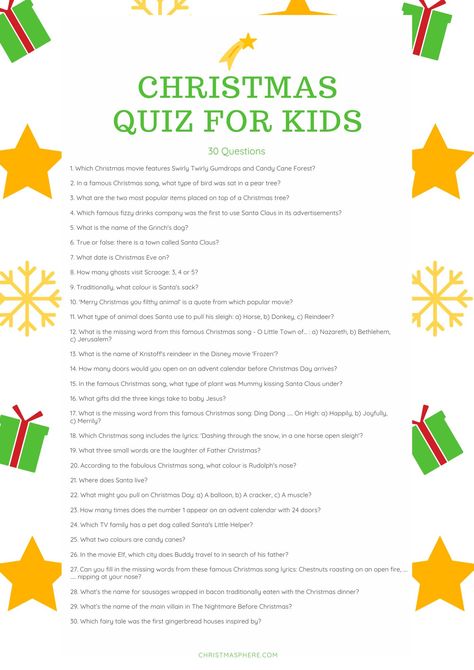 BEST Christmas Quiz for Kids: 30 Easy Xmas Questions (2023) Christmas Questions For Kids, Christmas Quiz With Answers, Christmas Quiz For Kids, Christmas Quiz And Answers, Christmas Picture Quiz, Christmas Quiz Questions, Christmas Quizzes, Kids Quiz Questions, Christmas Questions