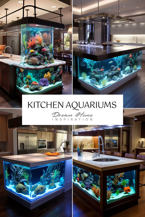 Amazing Kitchen Island Aquarium Design Ideas and Concepts Fish Tank Kitchen Island, Fish Tanks Ideas Living Room, Aquarium In Kitchen, Fish Tank In Kitchen, Aquarium Kitchen, Mermaid Furniture, Diy Aquarium Decor, Island Aquarium, Underwater Wonderland