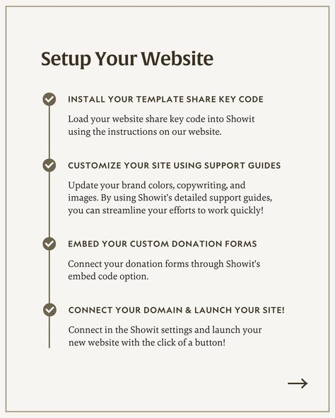 You’re only a few steps away from launching your new website design using one of our Showit templates! We’ve put together a step-by-step guide for everything you need to get started in setting up and designing your new website to get your new digital platform live in a matter of weeks! Need additional support with your website setup? Feel free to reach out to our design team so we can answer any questions and ensure you’re on your way to publishing! Happy designing! #websitedesigntips #show... New Website Design, Donation Form, Website Setup, News Website Design, New Website, Brand Colors, Step Guide, Website Design, Get Started