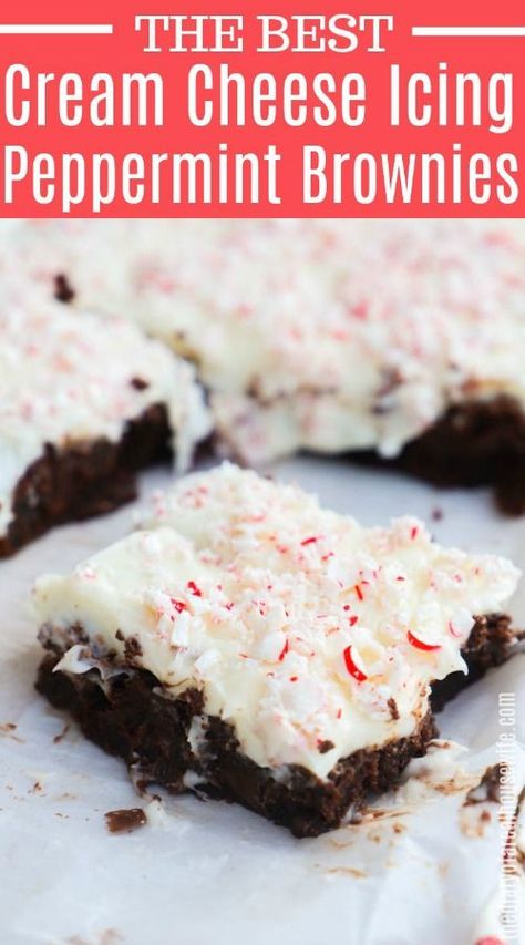 We love this recipe. The best Peppermint Cream Cheese Frosted Brownies. #brownies #peppermint Yummy Brownie Recipes, Peppermint Brownies Recipe, Peppermint Brownie, Chocolate Peppermint Brownies, Buns In My Oven, Peppermint Recipes, White Chocolate Frosting, Brownie Frosting, Cream Cheese Brownies