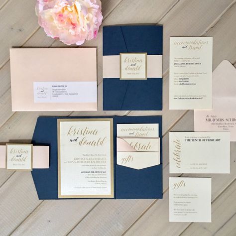 Navy, Blush and Gold Wedding Invitations, Navy and Pale Pink Wedding Invitations, Navy and Gold Wedding Invitations, Shimmer Ivory by InspirationIDoDesign on Etsy https://www.etsy.com/listing/502803201/navy-blush-and-gold-wedding-invitations Blush And Gold Wedding Invitations, Wedding Invitations Navy, Pale Pink Weddings, Blush And Gold Wedding, Blush Pink Wedding Invitations, Navy And Blush, Navy Invitation, Navy Wedding Invitations, Pocket Invitation