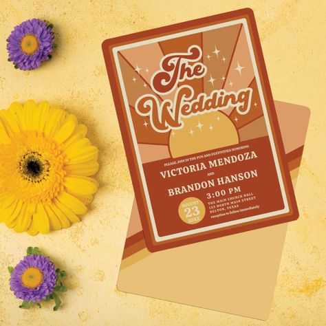 Sunset Wedding Invitations, Outdoor Backyard Wedding, Groovy Wedding, Sun Wedding, Casual Wedding Invitations, Bold Wedding Invitations, Popular Wedding Invitations, Retro Wedding Invitations, Leaf Monogram