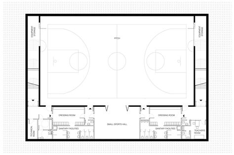 Image 13 of 19 from gallery of Matchbox Elementary School Sports Hall / Jovan Mitrović. Floor Plan Sports Facility Architecture, Urban Concept, Teachers Room, School Hall, Gym Plan, Multipurpose Hall, Hall Flooring, Timber Battens, Sports Hall