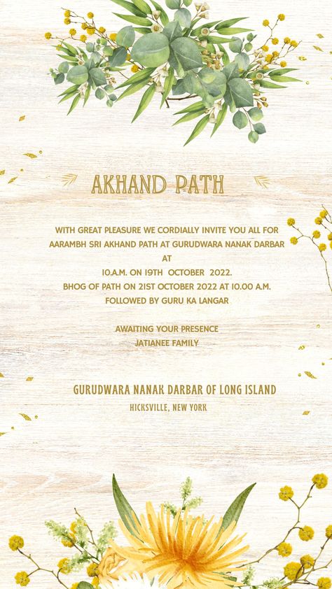 Pin by Sanam | Akhand path invite | Religious invites | Invitation designs Akhand Path Decoration Ideas, Akhand Path Invitation Card, Path Invitation, Dress Packing, Sikh Wedding Card, Lifetime Quotes, Online Invitation Card, Online Invitation, Naming Ceremony