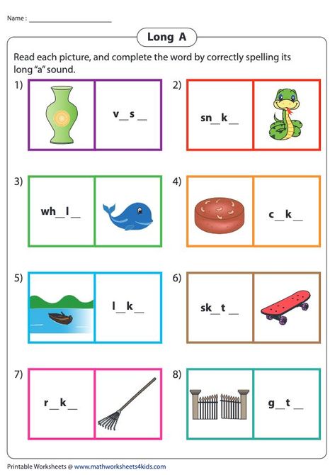 Writing long "a" sound with "a_e" is so common place that in nearly every sentence we speak, we find instances of this. In this printable, look at the pictures and fill in the missing "a_e" in their names. #worksheets #englishworksheets #scienceworksheet #printable #preschool #homeschooling #educationalresources #learningmaterials Long A Worksheets, Long A Words, Long A Sound, Preschool Homeschooling, A Words, Ela Worksheets, Phonics Posters, Long Vowel, Spelling Worksheets