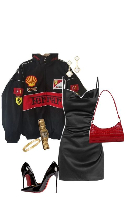 Ferrari jacket, silk dress Race Jacket Outfit, Ferrari Jacket Outfit, Ferrari Jacket, Race Outfit, Race Day Outfits, Fashion Terms, Stunning Prom Dresses, Trendy Outfits For Teens, Quick Outfits