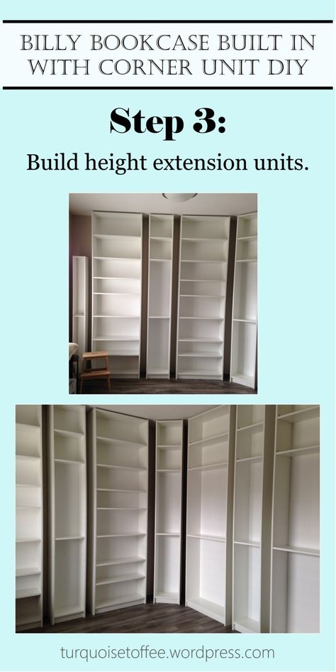 Billy Bookcase Built-In with Corner Unit DIY: Our Library Reveal ��– turquoise toffee Corner Bookcase Diy, Diy Corner Bookshelf, Bookshelf Ikea, Loft Library, Bedroom Shelving, Foyer Room, Diy Bookcase, Billy Bookcase Hack, Home Library Rooms