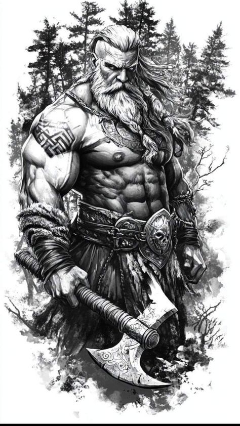 Vikings Warrior Tattoo, Beserkers Vikings Tattoo, Viking Warrior Tattoo Men, King Arthur Tattoo Ideas, Norse Tattoo Ideas, Viking Woman Tattoo, Viking Art Drawing, Ragnar Lothbrok Tattoo, Viking Illustration