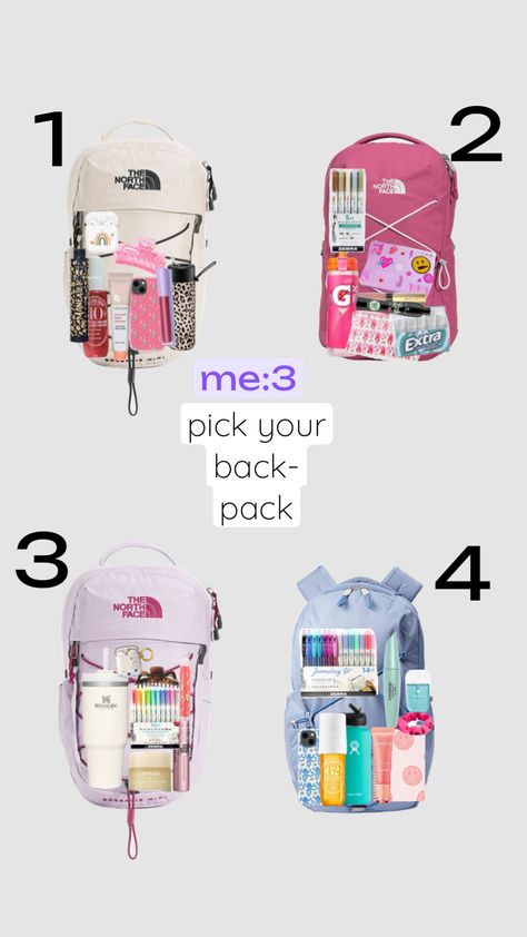 I love 3 and 4!!!💗 Back To School Packing, Bookbag Ideas, Bae Baskets, Choose Game, School Packing, Middle School Essentials, Road Trip Bag, School Backpack Essentials, Preppy School Supplies