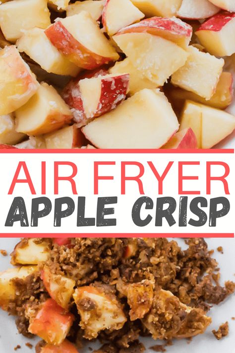 This simple yet delicious Air Fryer Apple Crisp is the perfect holiday dessert! The crunchy oat topping and sweet cooked apple filling goes great on every table. #applecrisp #airfryerdessert via @vegetarianmamma Thanksgiving Apple Crisp, Air Fryer Apple Crisp Recipe, Vegetarian Air Fryer Recipes, Air Fryer Dessert Recipes, Vegetarian Air Fryer, Vegan Air Fryer Recipes, Air Fryer Dessert, Vegan Air Fryer, Air Fryer Desserts