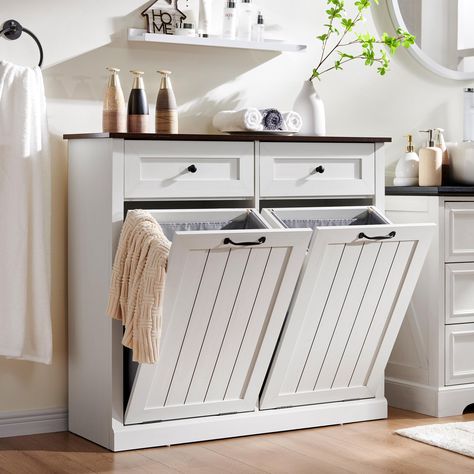 PRICES MAY VARY. 【Double Tilt Out Laundry Hamper】Cabinet Dimensions: 13"D x 39.3"W x 35.8"H. Drawer Dimensions: 9.84"D x 17"W x 6.53"H. This laundry hamper cabinet holds 2 x 10 gallon trash can. (Includes 2pcs laundry basket.) 【Space Saving】Wooden top holds up to 80lbs and easily holds coffee maker, cups, tissues and more. Also comes with a pull out drawer that insulates from dust or bathroom water, allowing you to place towels, toothbrushes, toothpaste, and other items. 【Farmhouse Furniture】Thi Bathroom Hamper Ideas, Farmhouse Trash Can, Wood Garbage Can, Dirty Laundry Storage, Bathroom Hampers, Laundry Hamper Cabinet, Hamper Cabinet, Wooden Trash Can, Tilt Out Laundry Hamper