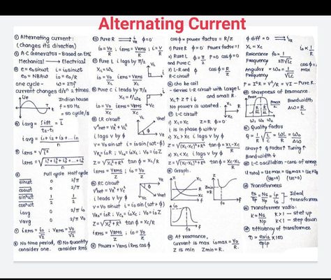 Alternating Current Notes, Alternating Current Formula Sheet, Thermodynamics Formulas, Class 12th Physics Formula Sheet, Physics Cheat Sheet, Notes Physics, Neet Physics, Formula Sheet, Neet Notes