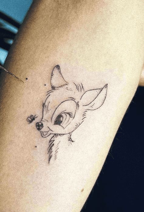 Bambi Tattoo Minimalist, Bambi Fine Line Tattoo, Lady And The Tramp Tattoo Couples, Bambi Thumper Tattoo, Bambi Tattoo Design, Disney Animal Tattoos, Bambi Tattoo Disney, Bambi And Thumper Tattoo, Bambi Tattoo Ideas