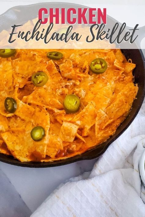 Chicken Enchilada Skillet is easy and flavorful. It doesn't require a lot of prep and only requires one pan for easy clean up. 4 Ingredient Chicken Enchilada Casserole, Skillet Enchilada Casserole, Doritos Chicken Tenders, Lazy Enchiladas, Dorito Chicken Tenders, Doritos Chicken, Enchilada Skillet, Chicken Enchilada Skillet, Chicken Enchilada Bake