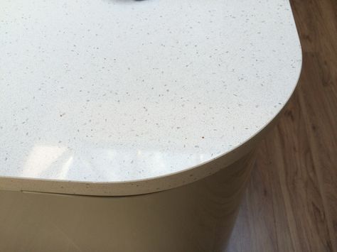 Compac Moon quartz kitchen worktop with curved edge. Installed in Orpington, Kent Moon Quartz, Quartz Worktops, Round Kitchen, Quartz Kitchen, Kitchen Worktop, Small Trash Can, Trash Can, Moon, Quick Saves