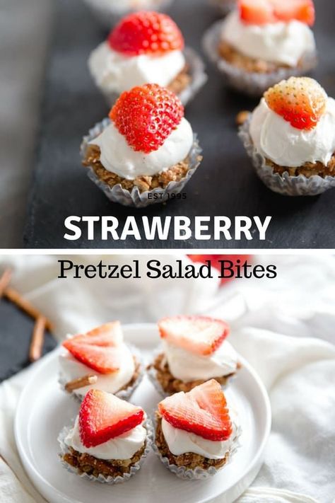 Strawberry Pretzel Salad Bites are the perfect party food!  A pretzel crust holds a creamy filling and a fresh strawberry adorns the top! Each bite is creamy, sweet and salty; the best combo! via @Lemonsforlulu Strawberry Heaven, Salad Bites, Strawberry Pretzel Dessert, Tiny Bites, Savory Dessert, Strawberry Pretzel Salad, Pretzel Salad, Strawberry Pretzel, Pretzel Crust