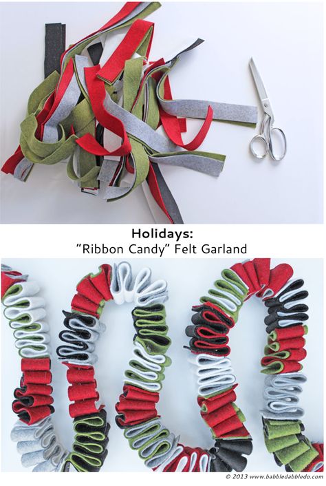 Holidays: “Ribbon Candy” DIY Felt Garland Felt Christmas Crafts, Diy Felt Garland, Candy Garland, Babble Dabble Do, Ribbon Candy, Felt Christmas Decorations, Holiday Ribbon, 12 December, Diy Felt