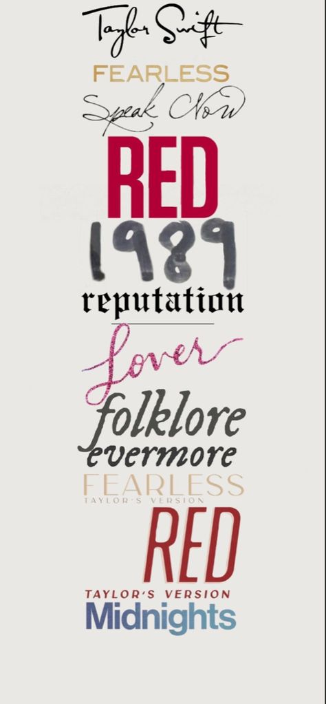 Taylor Swift Eras Albums, Taylor Swift All Albums Art, Red Taylor Swift Font, Taylor Swift Mirror Pic, Baby Let The Games Begin Taylor Swift, Taylor Albums In Order, Taylor Swift Name Logo, Taylor Swift Albums Wallpaper, Taylor Swift Album Fonts