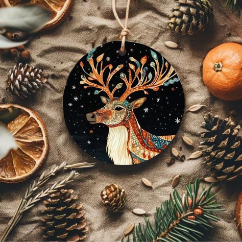 Introducing our Bohemian Christmas Deer Circle Ornament--a perfect fusion of whimsical charm and festive spirit. This round ornament features a beautifully detailed, boho-inspired deer design, adding a touch of artistic flair to your holiday decor. Ideal as a car hanging ornament or a unique addition to your Christmas tree, it brings a blend of elegance and creativity to any setting. Celebrate the season with this enchanting ornament and infuse your festivities with a dash of bohemian magic. Ret Globe Christmas Ornament, Forest Theme Christmas Tree, Wood Round Christmas Ornaments, Christmas Painted Ornaments, Kid Made Ornaments, Round Wood Decor, Whimsical Christmas Decorations, Painted Wood Ornaments, Natural Christmas Ornaments