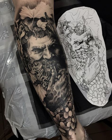 Dionysus Tattoo Design, Dionysus Tattoo Greek Mythology, Bacchus Tattoo, Dionysus Tattoo, Wine Tattoo, Zeus Tattoo, Nottingham Uk, God Tattoos, Egyptian Tattoo