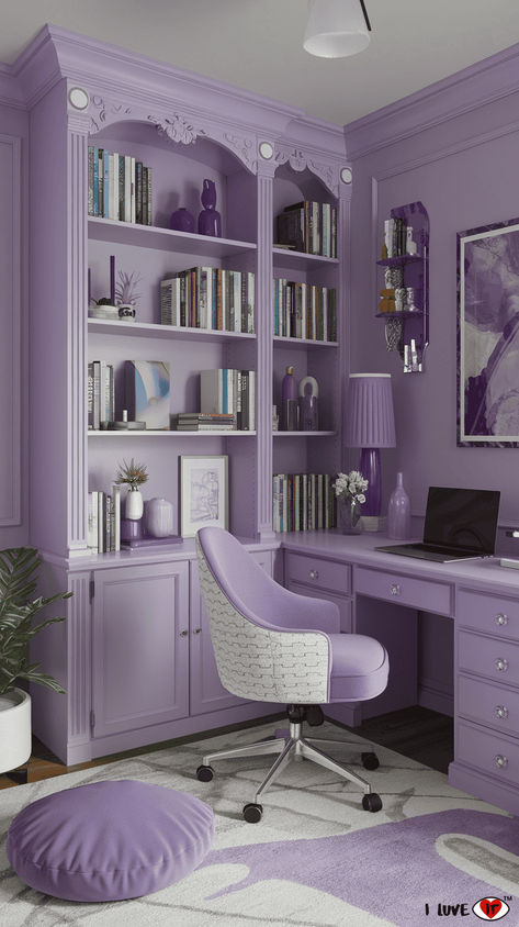 22 Stylish Home Office Ideas for Women to Elevate Your Workspace - I Luve It Lavender Home Office, Purple Office Aesthetic, Purple Desk Setup, Lavender Desk, Lavender Office, Purple Home Office, Victorian Office, Purple Desk, Office Ideas For Women