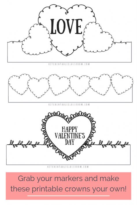 Use marker or crayon to add color to these free printable Valentine's Day headbands and you've got a Valentine's Day craft kids can wear! Valentine’s Day Hat Craft, Valentines Hats For Kids Craft Ideas, Valentine Hats Preschool, Valentine’s Day Headband Craft, Valentine Hat Craft, Valentine Hats, Valentines Day Bulletin Board, Valentine Template, Valentines Headband