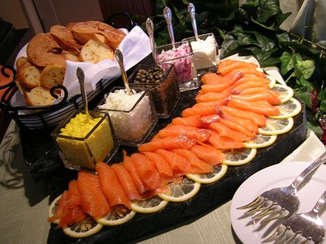 Smoked Salmon Station Chef Stefan Drago Smoked Salmon Display Buffet, Salmon Platter Presentation, Smoked Salmon Platter Presentation, Seafood Platter Presentation, Smoked Salmon Display, Wedding Food Platters, Platter Presentation, Smoked Salmon Platter, Salmon Platter