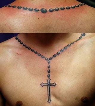 Chest Necklace Tattoo, Cross Necklace Tattoo, Rosary Tattoos, Rosary Tattoo, Necklace Tattoo, Aztec Tattoo Designs, Word Tattoo, Cross Tattoo For Men, Awesome Tattoo