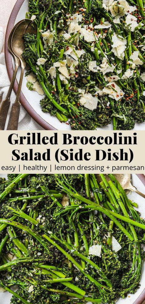 Grilled Broccolini Salad (Side Dish) | Walder Wellness, RD Broccolini Salad Recipe, Broccolini Salad, Broccolini Recipe, Grilled Broccolini, Lemon Vinaigrette Dressing, Roasted Broccolini, Shaved Parmesan, Steak Side Dishes, Healthy Grilling Recipes