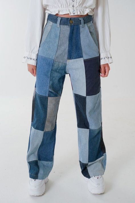 Patchwork Jeans Outfit, Denim Patchwork Jeans, Denim Clothes, Patchwork Clothes, Diy Jeans, Moda Denim, Diy Vetement, Square Pants, Moda Jeans