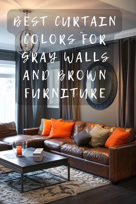 Unsure which curtain colors work with gray walls and brown furniture? Click to uncover the best choices that elevate your space! 🖼️🛋️ #HomeDecor #InteriorDesign #GrayWalls #BrownFurniture #CurtainColors Grey Wall Brown Furniture, Brown Couch Curtain Ideas, Gray Walls And Brown Furniture, Curtains For Brown Walls, Curtain Colors For Gray Walls, Curtains With Gray Walls, Curtains For Grey Walls, Grey Curtains Living Room, Dark Brown Couch